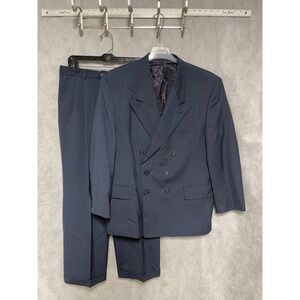 Andre VIllard Suit Men 44R Blue Houndstooth Double Breasted Flannel 36X30 P Luxe